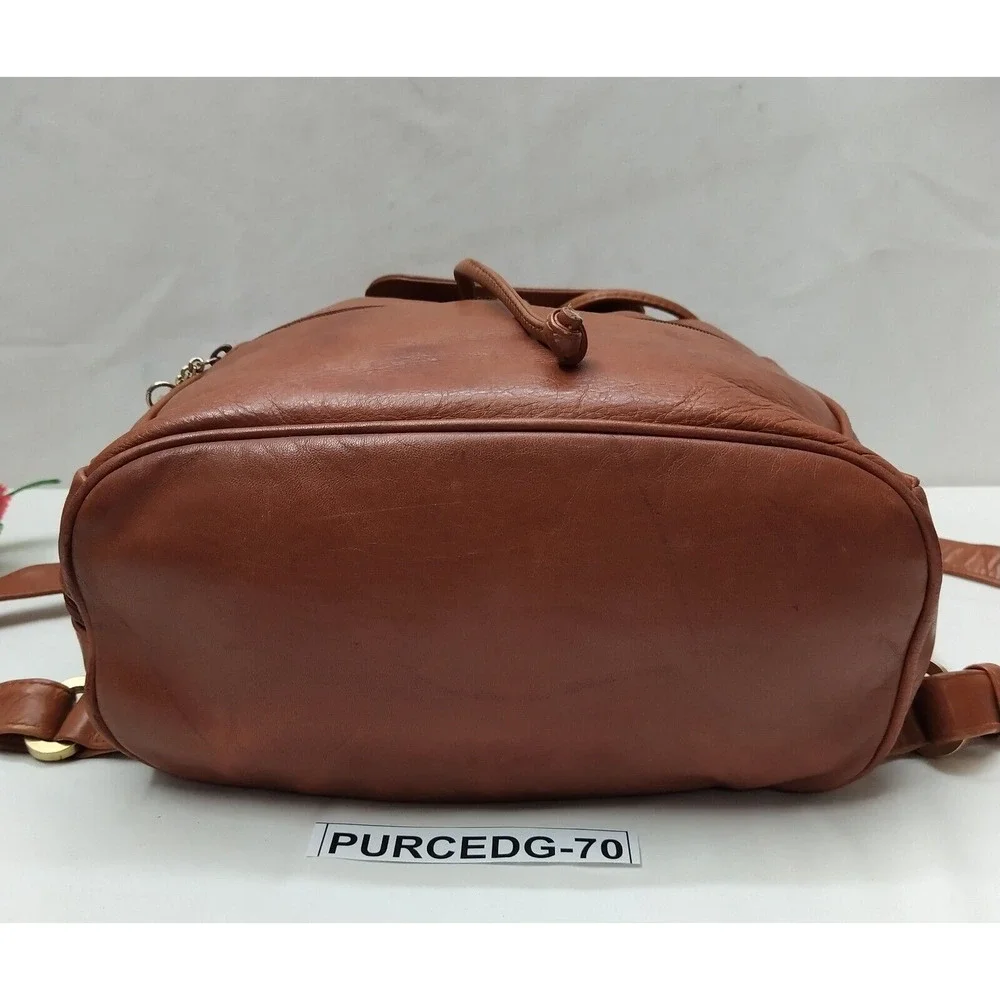 Perlina Brown Leather Zipper Pockets Flap Top Handle Drawstring Backpack